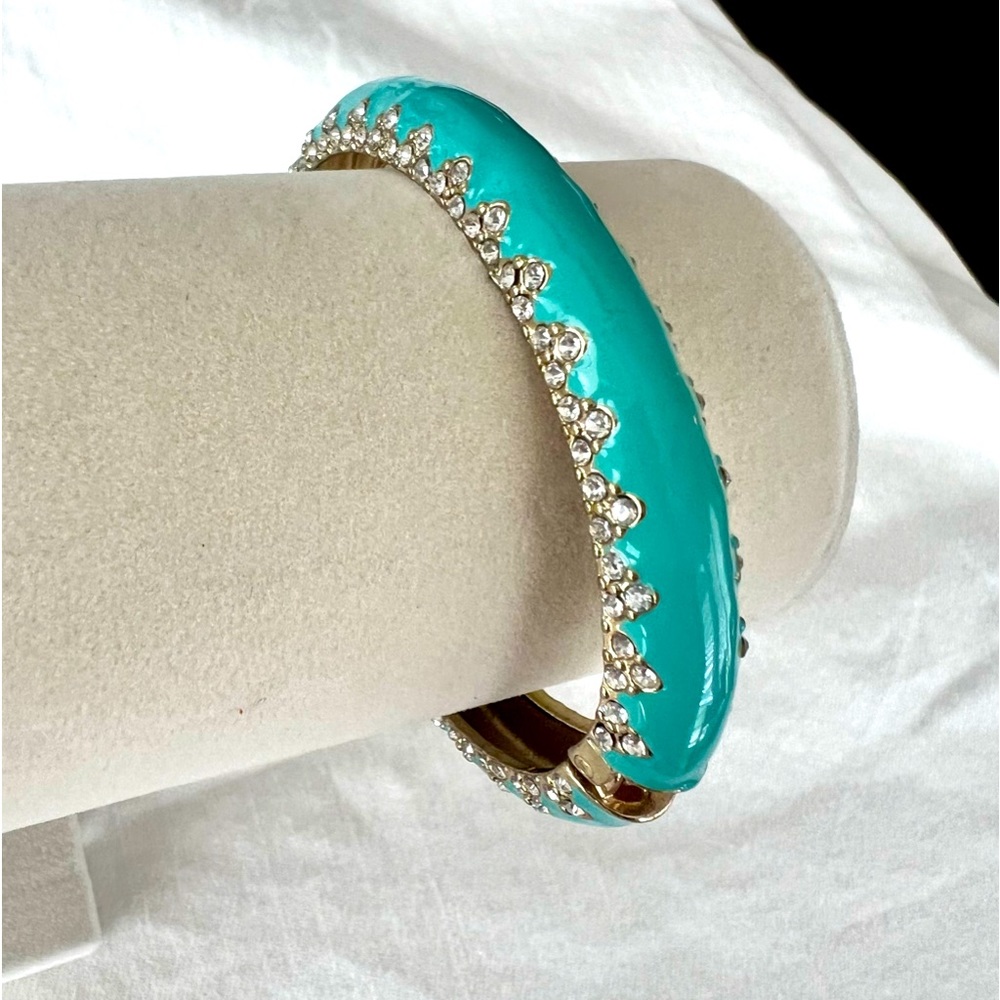 Teal & Gold Enamel Bangle Bracelet - Adorable Bracelet with clear stones.